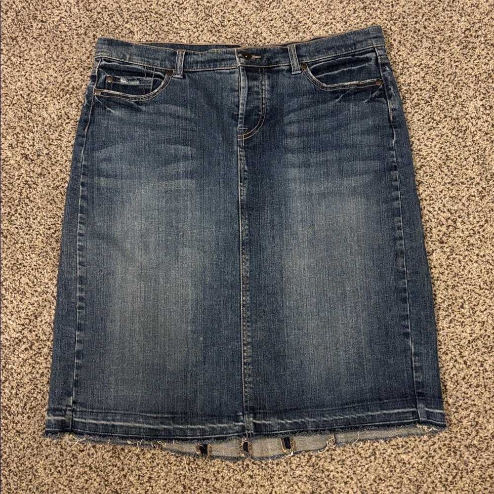Denim Skirt for fall.  Distressed denim.  Button fly.